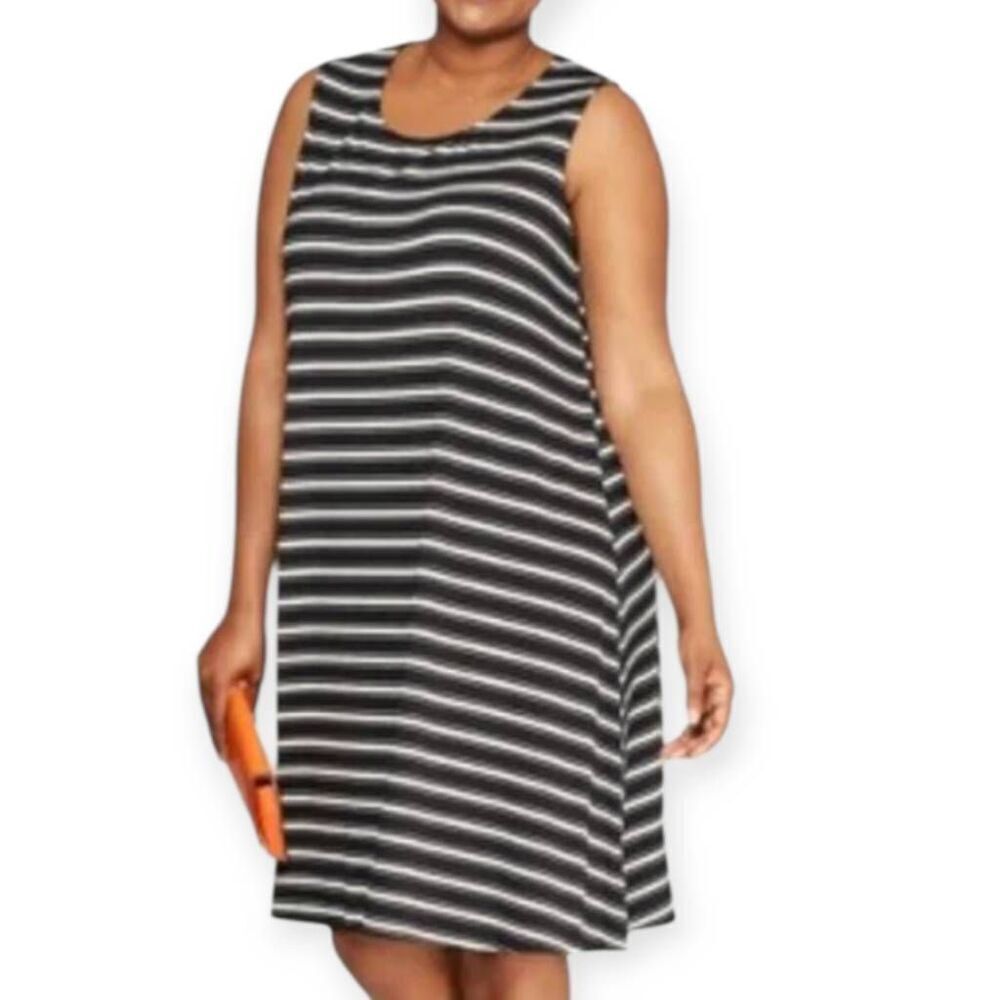 AVA & VIV BLACK & WHITE STRIPE SLEEVELESS DRESS SZ.1X EUC.